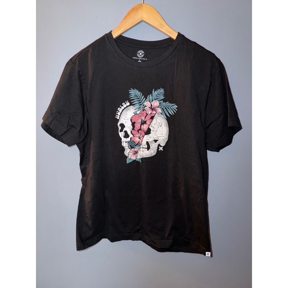 Hurley Large Black Skull Hibiscus Floral Graphic T-Shirt Cotton Short Sleeve